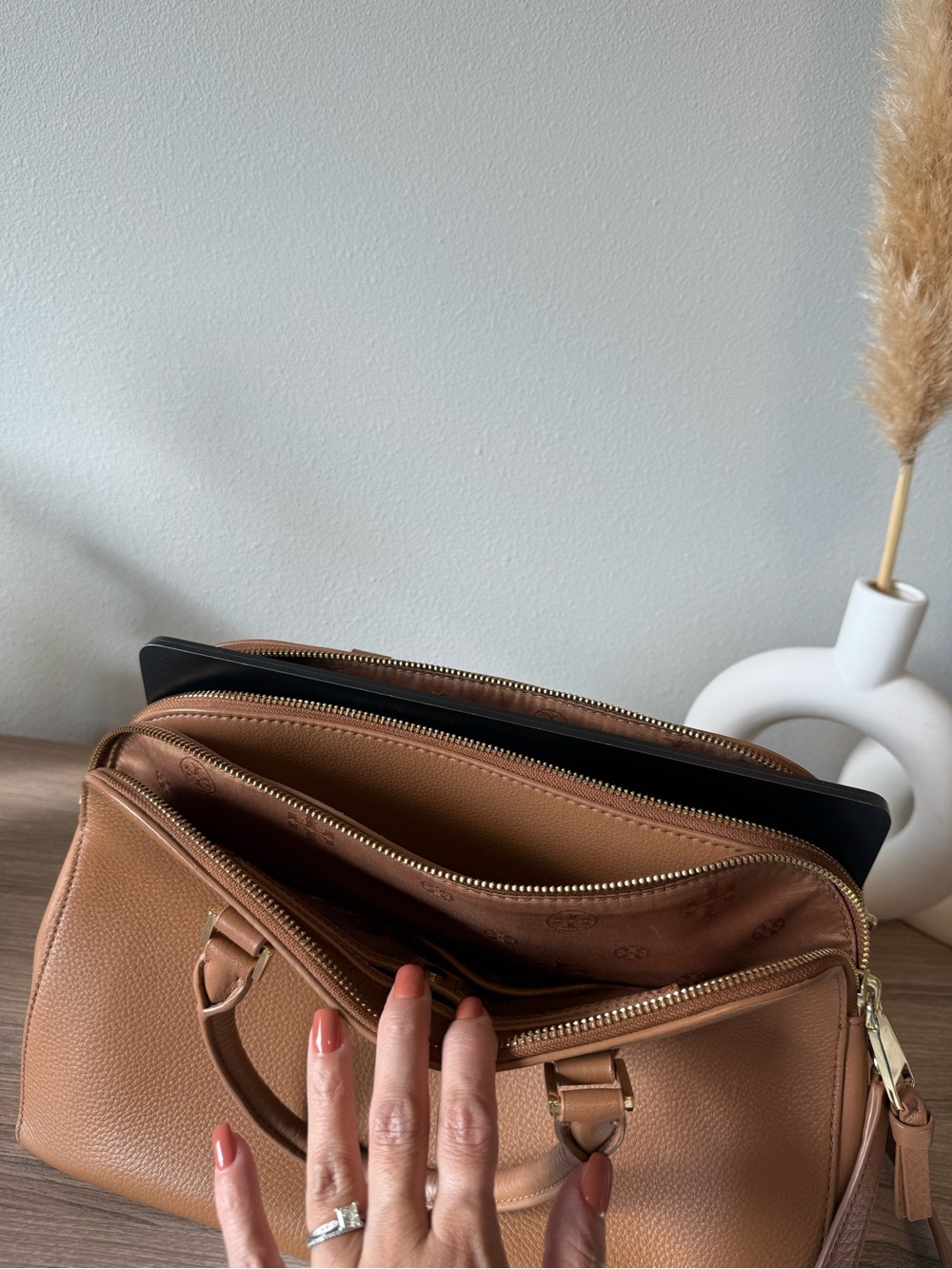 Tory Burch Pebbled Double Zip Satchel - Tan - Picture 11 of 14